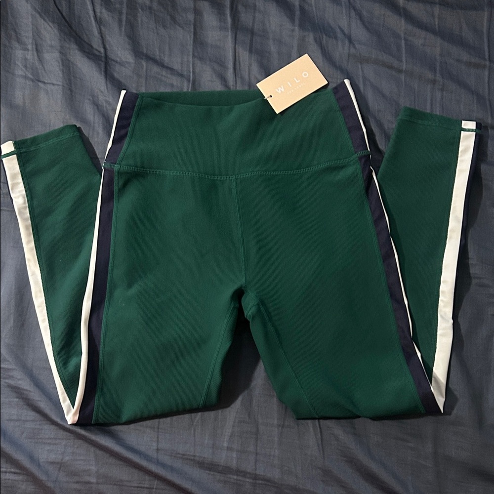 Willow Forest Green Leggings with Navy & White Side Stripes